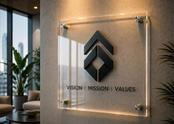 clear acrylic wall logo sign with a black 3d emblem and metal standoff mounts in a modern office