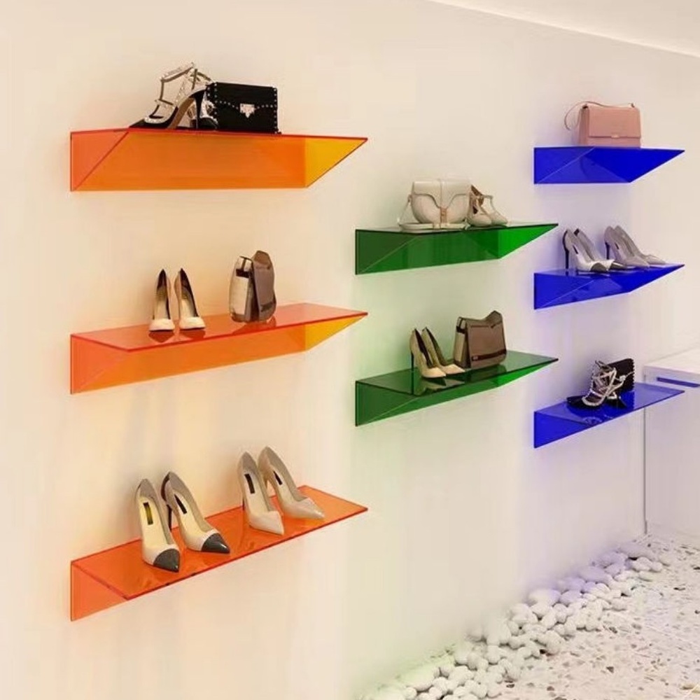 colorful-neon-acrylic-floating-wall-shelves-retail-shoe-handbag-display-rack