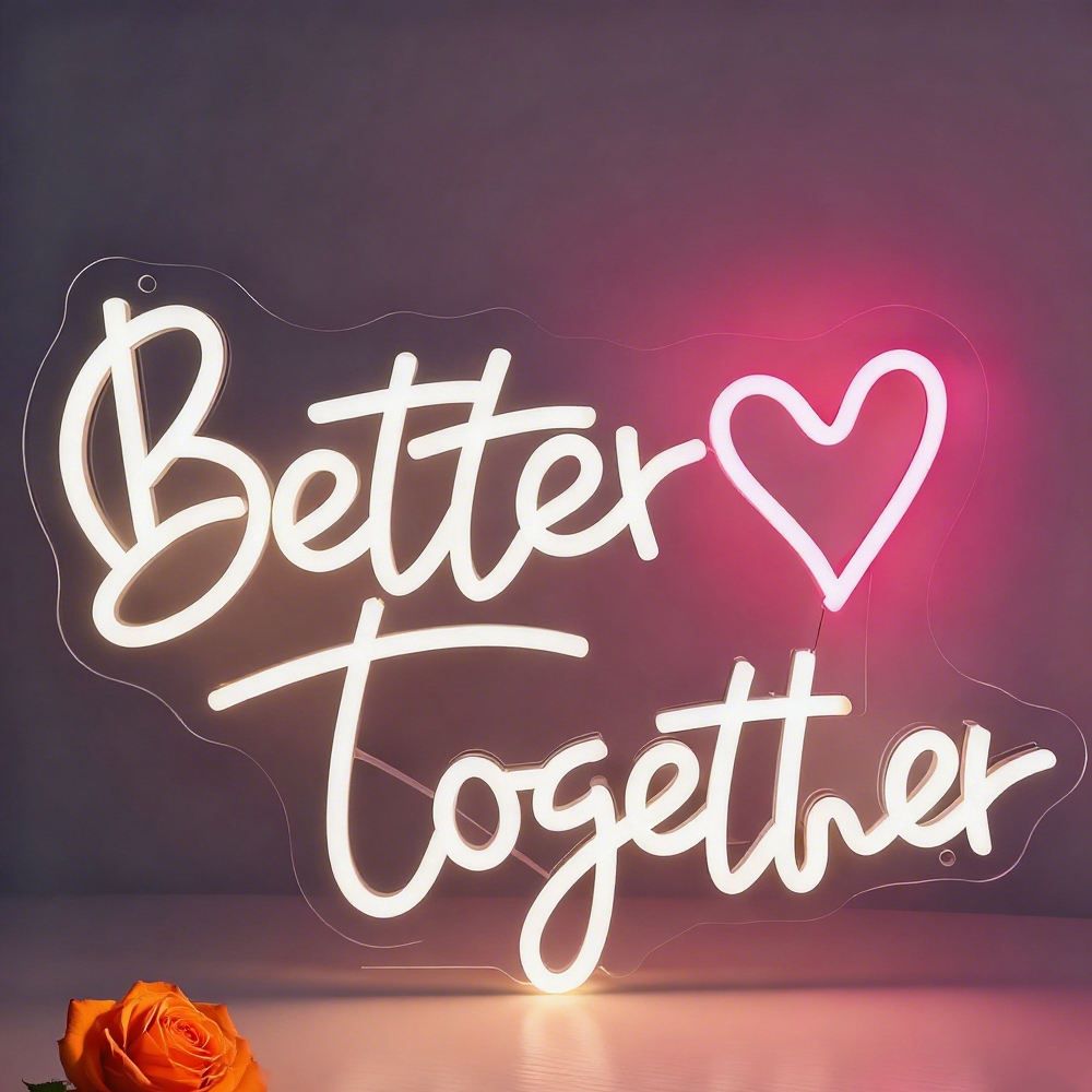 custom clear acrylic led sign with better together lettering and heart shape