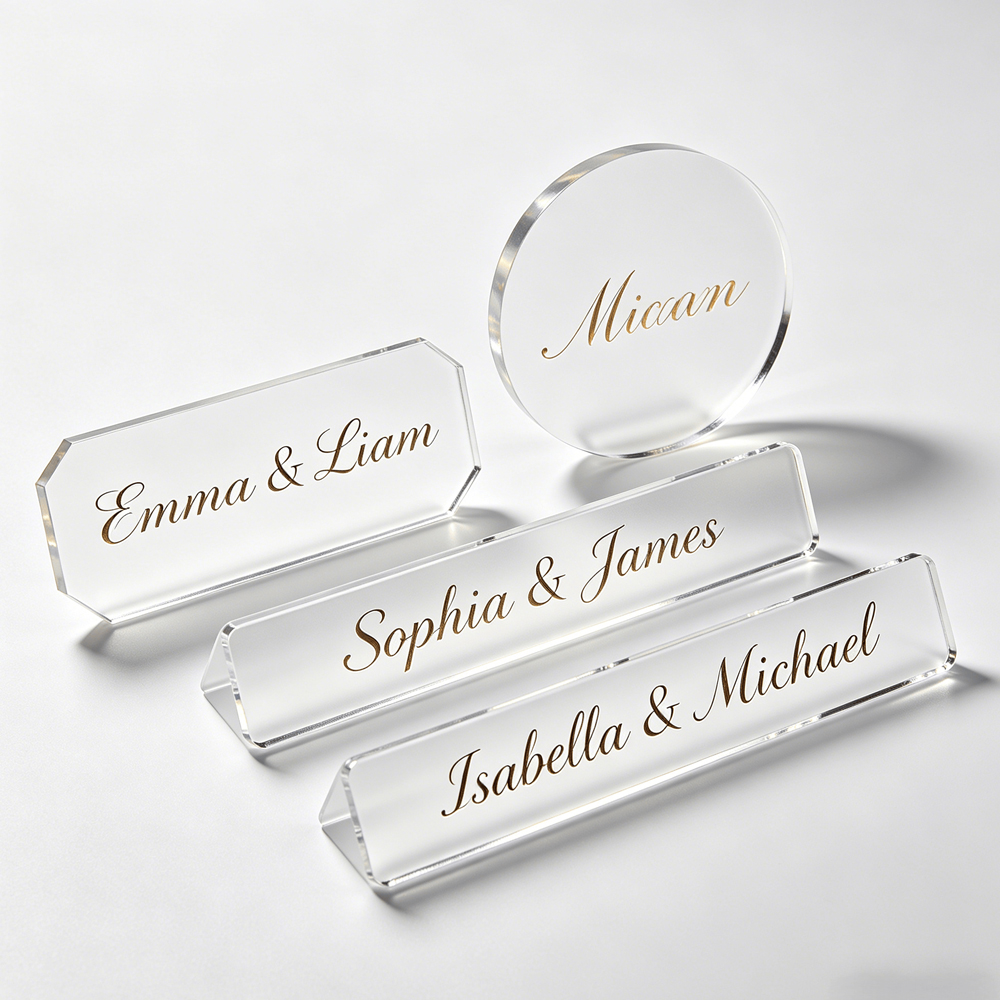 custom clear acrylic table name signs with gold lettering in round rectangle and polygon shapes