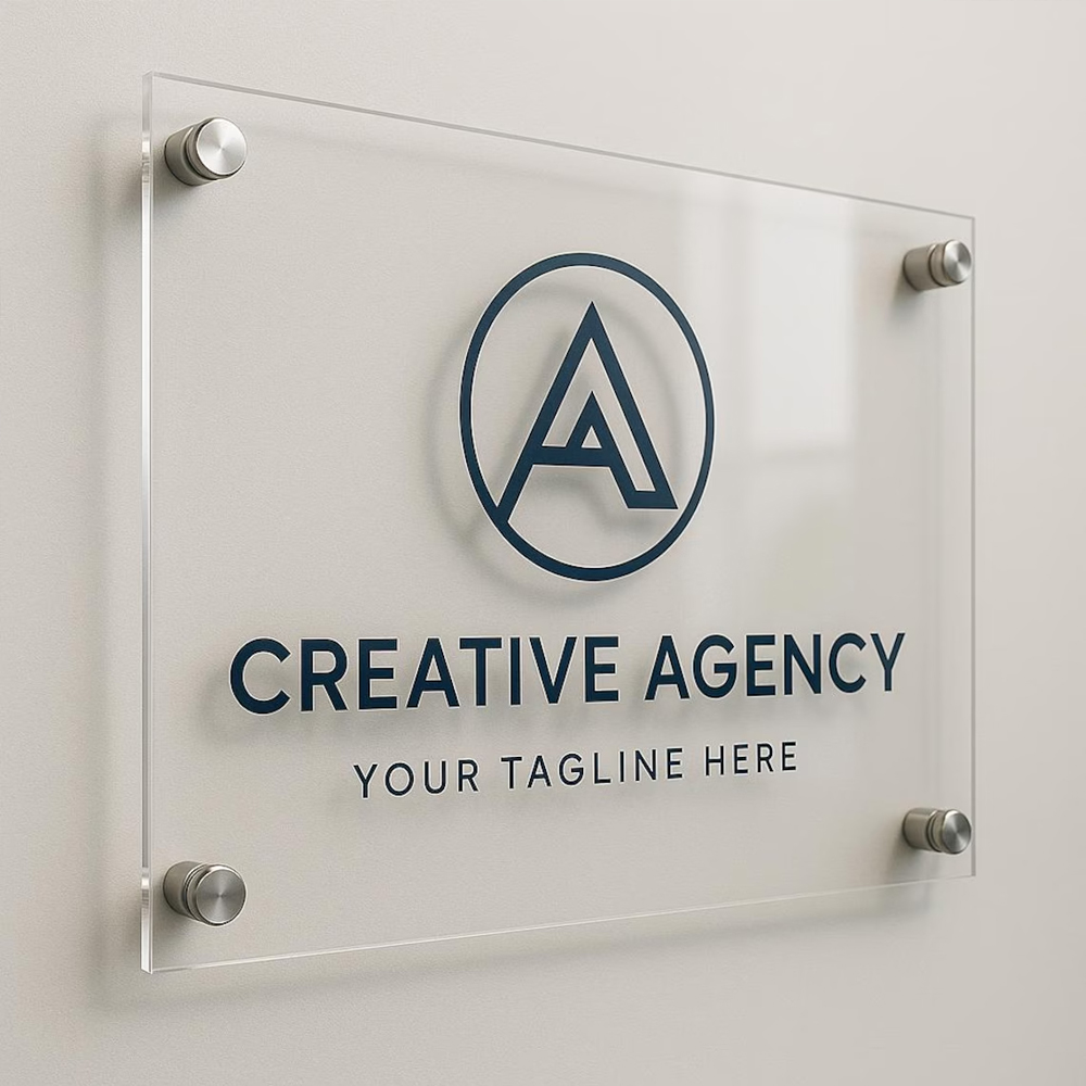 custom clear acrylic wall sign with metal standoff mounts and raised creative agency logo