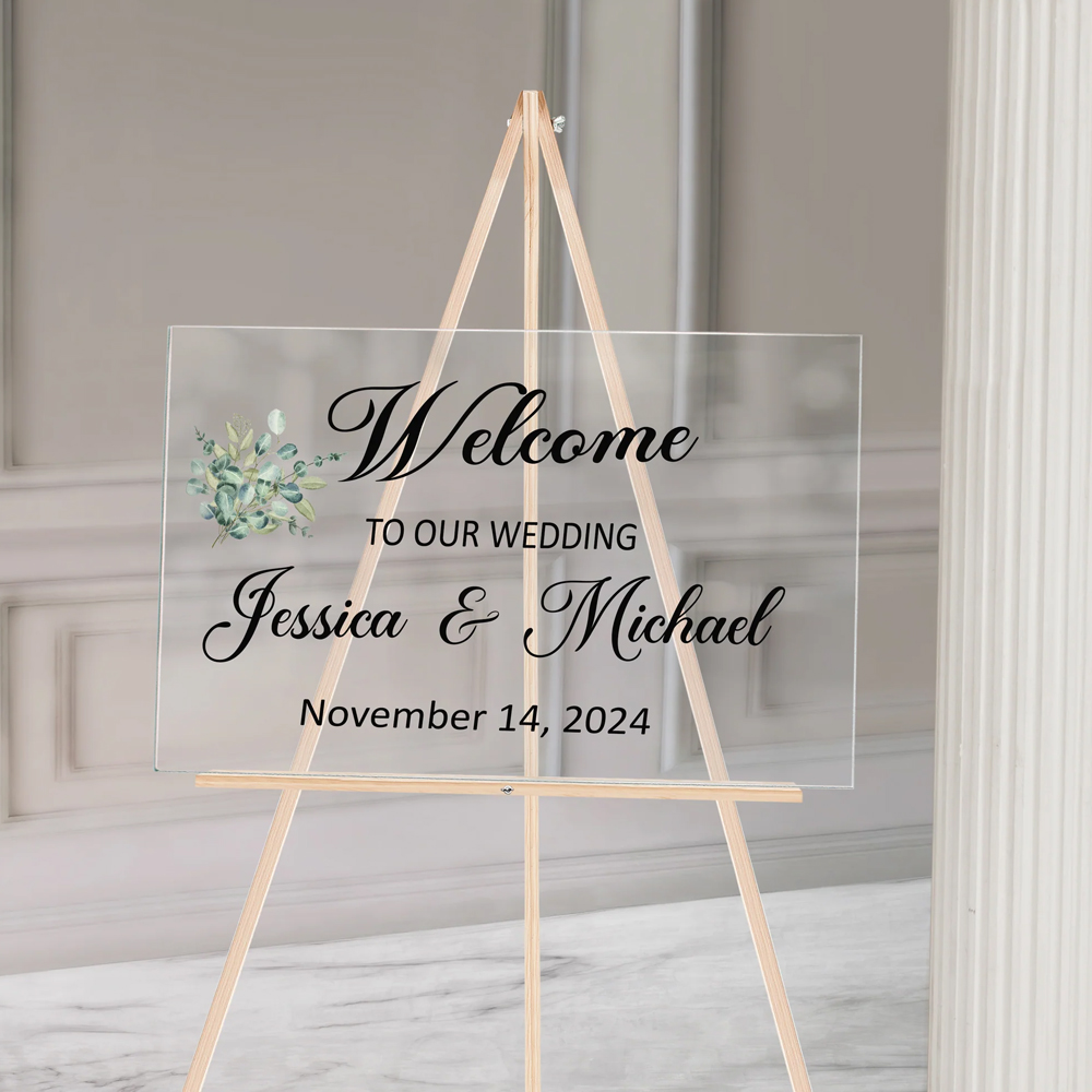 custom clear acrylic wedding welcome sign with names date and floral decoration