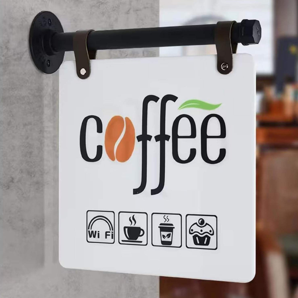 custom white acrylic hanging outdoor coffee shop sign with black mounting hardware