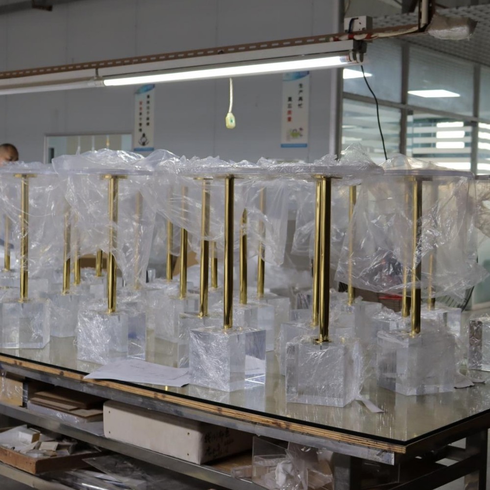 gold-acrylic-pedestal-display-stands-production