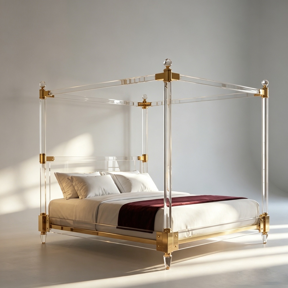 luxury-acrylic-four-poster-canopy-bed-gold-hardware-crystal-finials