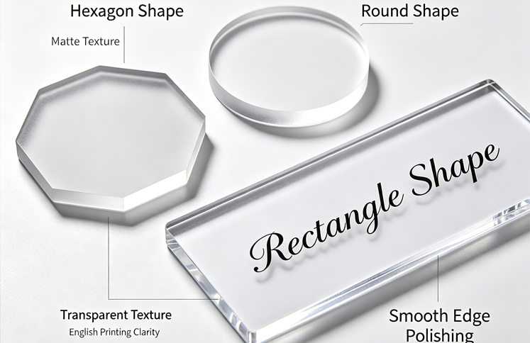 transparent acrylic sign samples in hexagon round and rectangle shapes with polished edges