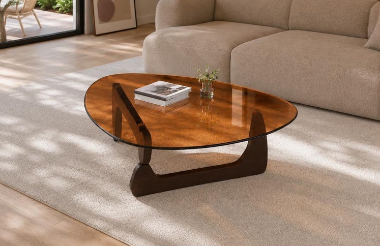 amber-glass-triangle-coffee-table-wood-base-living-room