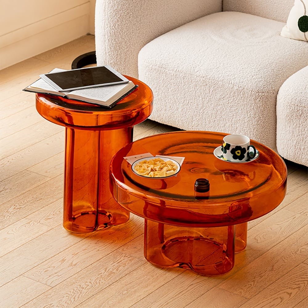 amber-orange-acrylic-mushroom-pedestal-coffee-side-table-set