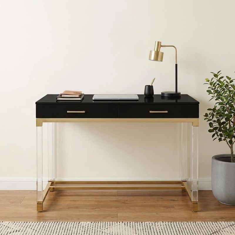 black-two-drawer-desk-gold-frame-acrylic-legs