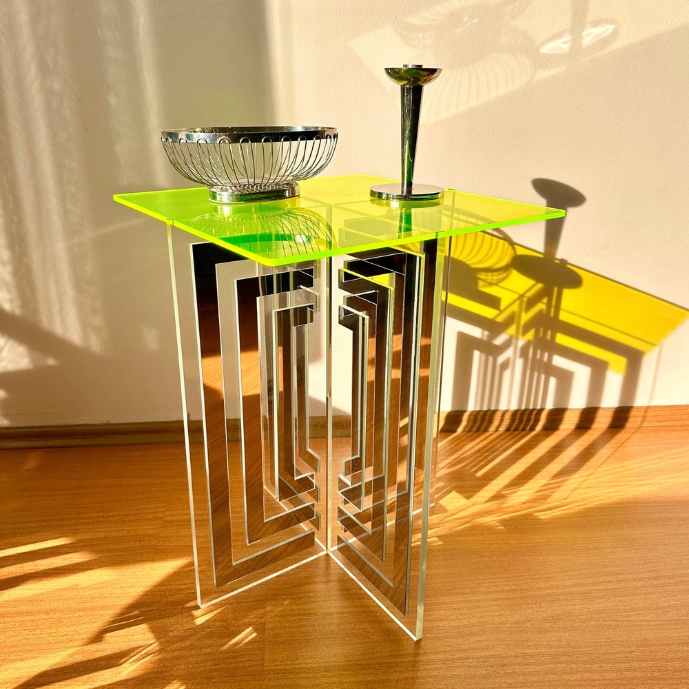 neon-yellow-acrylic-side-table-geometric-mirror-base