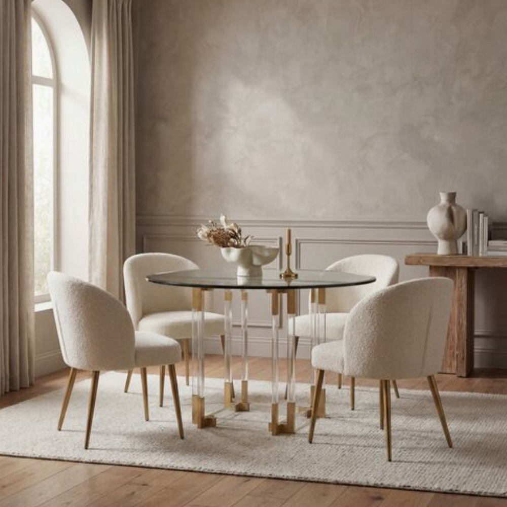 round-glass-dining-table-acrylic-legs-boucle-chairs