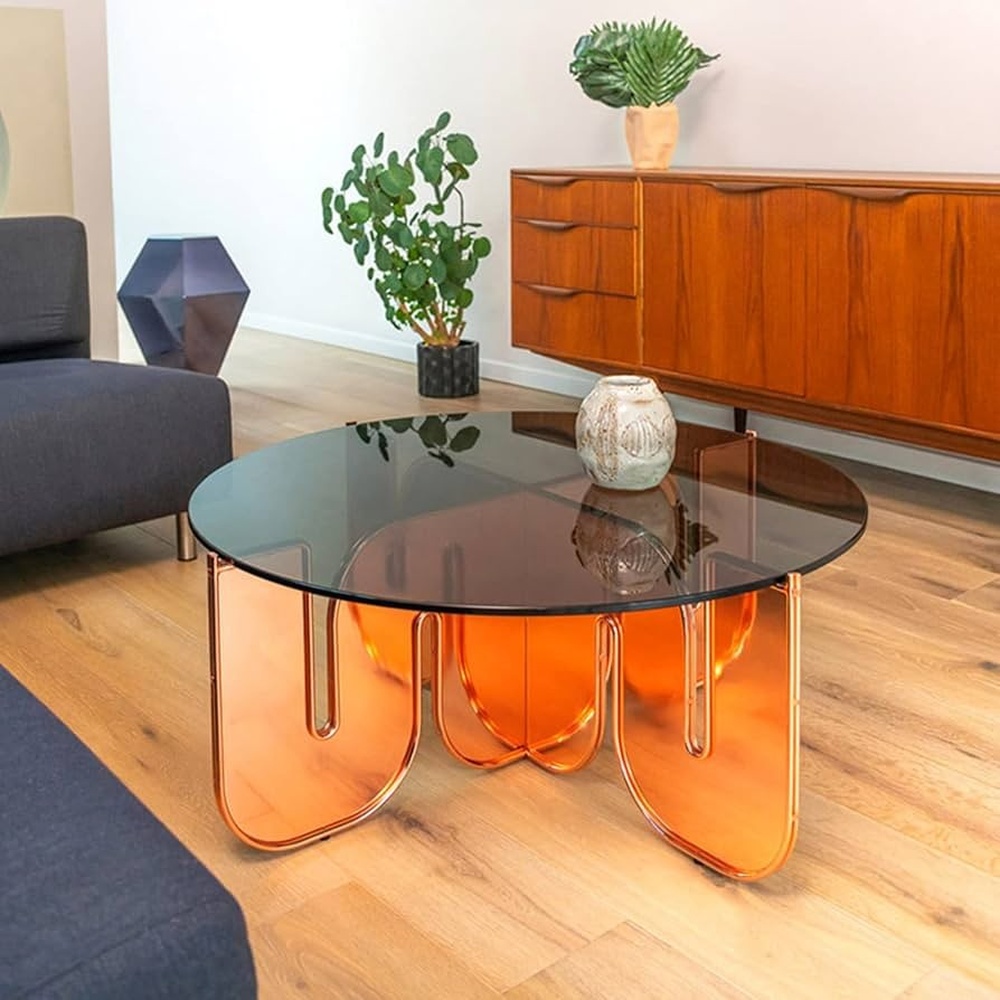 smoked-glass-round-coffee-table-arched-orange-acrylic-legs